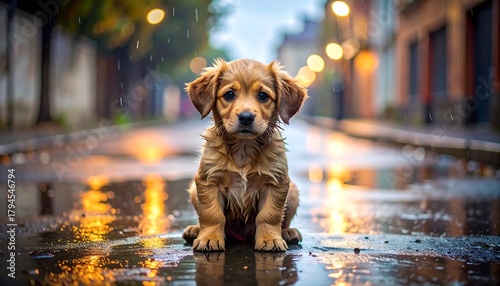 Fototapeta Naklejka Na Ścianę i Meble -  Fluffy puppy sits on rain-slicked road with city lights blurred in distance during a grey day