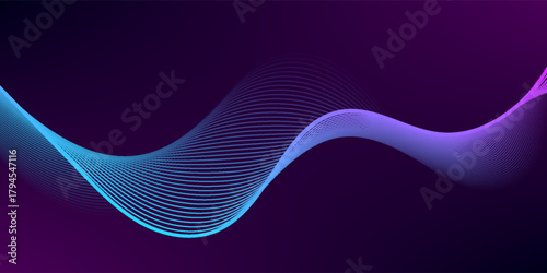 Abstract background with glowing lines. Dark horizontal background of wavy bright blue pink lines. Modern technology futuristic concept, abstract wavy lines background.