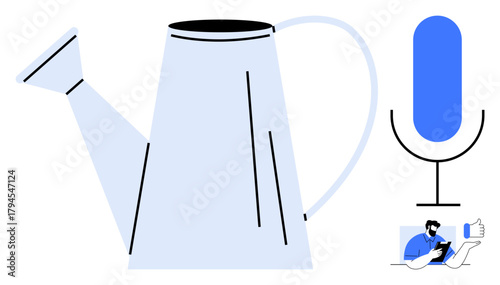 Watering can for growth, microphone for communication, and person using smartphone. Ideal for creativity, content creation, digital interaction, self-expression, productivity, growth modern