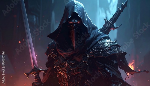 Grim, hooded figure in dark armor stands menacingly with a large sword, fire and shadows surrounding the scene
