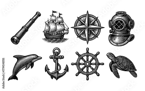 Nautical vintage set: compass, ship, diving helmet, marine life icons in retro style