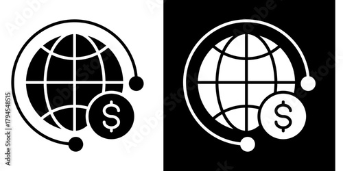 Globe With Financial Icon Set White Style Collection
