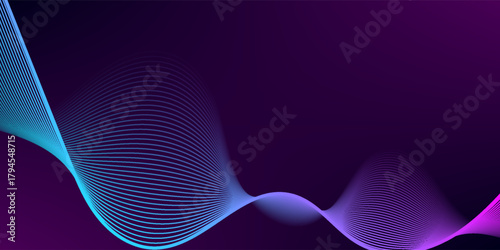 Abstract background with glowing lines. Dark horizontal background of wavy bright blue pink lines. Modern technology futuristic concept, abstract wavy lines background.