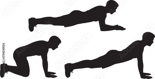 Man doing plank and push up exercise silhouette set