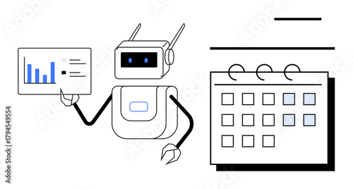 Robot holding a data chart with blue bars next to a calendar, symbolizing productivity, automation, planning, and artificial intelligence. Ideal for technology, business, management, AI scheduling