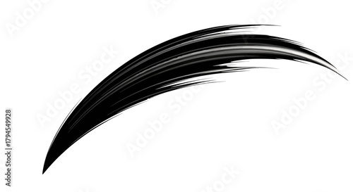 Abstract black curved brush stroke with dynamic sweeping motion and speed lines on a white background.