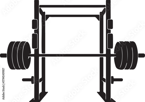 Squat rack with heavy barbell gym equipment vector