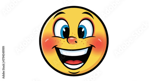 A vibrant cartoon yellow smiley face with big blue eyes, rosy cheeks, freckles, and a wide happy grin.