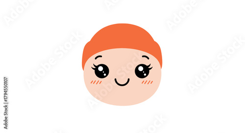 Cute cartoon face with an orange beanie, sparkling eyes, and a happy smile on a white background.