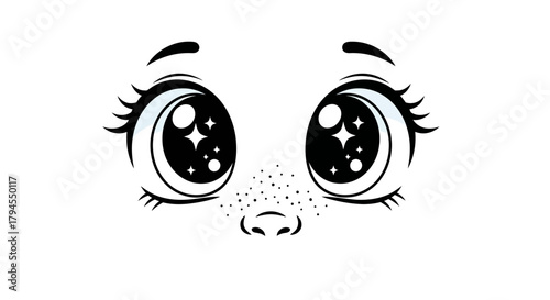 Cute cartoon eyes with sparkling pupils and a small nose with freckles, black and white line art.
