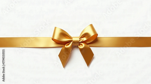 Horizontal Golden Satin Ribbon and Bow Isolated on a White Background