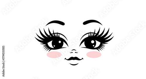 A cute cartoon face with big eyes, long eyelashes, arched eyebrows, and pink blush.