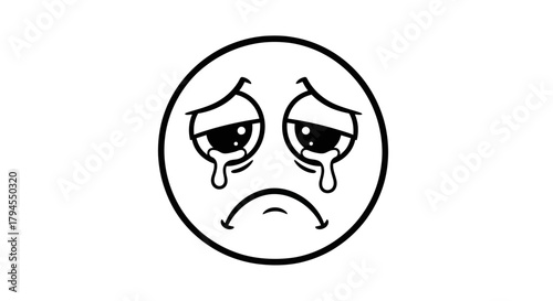A simple black and white line drawing of a sad crying face emoji with tears streaming down its cheeks, expressing sorrow and distress.