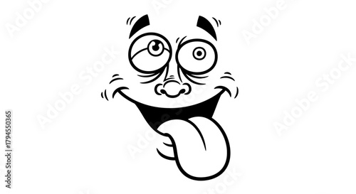 Black and white cartoon face with a crazy, goofy expression, one eye looking up, and a long tongue sticking out.