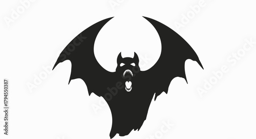 Black silhouette of a scary bat with open mouth and spread wings, a spooky creature ready to fly.
