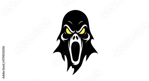 A menacing black ghost face with glowing yellow eyes and an open mouth, screaming or roaring, on a white background.