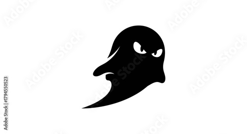 A menacing black ghost with angry eyes floating on a white background, depicted as a simple graphic illustration.