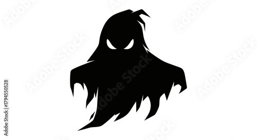 A spooky black ghost silhouette with glowing yellow eyes on a plain white background, evoking a sense of mystery and Halloween.