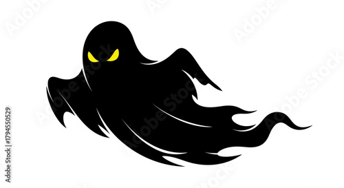 A black ghost with glowing yellow eyes floating against a white background.