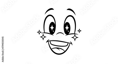 A black and white cartoon face with wide sparkling eyes and a big happy smile, expressing joy.