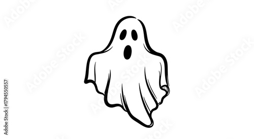 Simple black and white cartoon drawing of a classic sheet ghost with an open mouth and oval eyes, floating against a plain background.