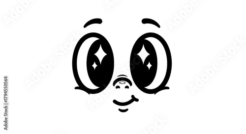 A simple black and white cartoon face with large sparkling eyes and a small smile.
