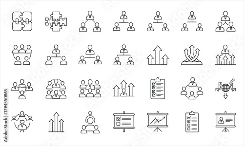 Collection of business organization chart, team structure, and flowchart icons representing hierarchy and management