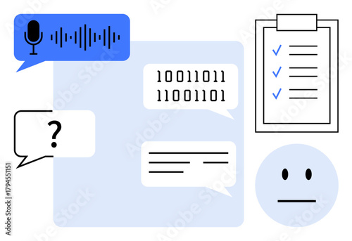 Speech bubble with waveform, binary code, checklist, question mark, and neutral face, representing AI, communication, coding task tracking interaction. Ideal for technology AI assistance
