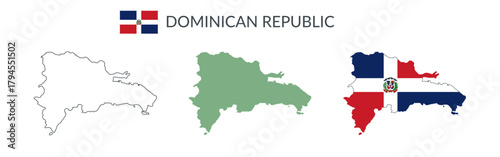 Dominican republic geographical borders isolated on white background. Flag of Dominican republic. Vector flat cliparts.