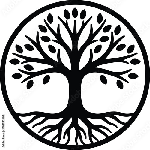 Illustrator simple tree of life symbol black and white Silhouette vector