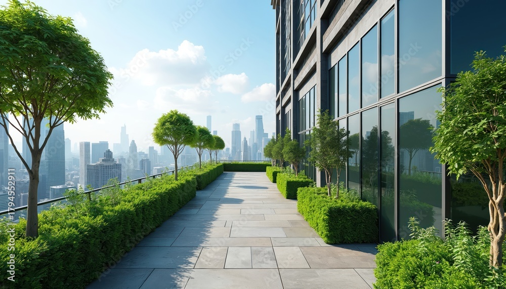 Obraz premium Rooftop garden on skyscraper offers city views. Rich green plants and trees line paved walkway. Modern building facade reflects cityscape. Outdoor space above metropolis.