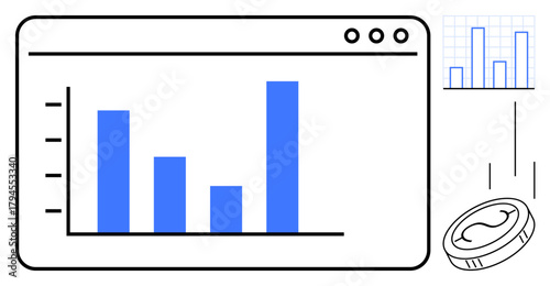 Bar graph displayed on a web browser frame with a grid mini-chart and coin representing finance, analytics, investment, and progress. Ideal for statistics, finance, marketing, data, growth business