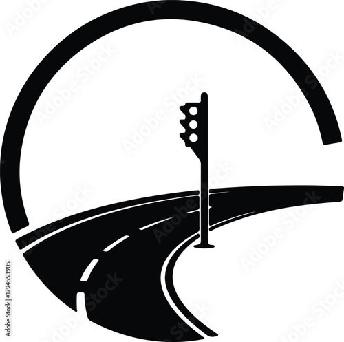 Illustrator Winding road with traffic lights black and white Silhouette vector