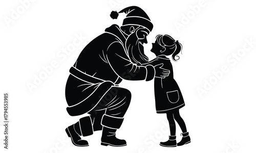 Santa claus comforting a little girl with a warm hug silhouette
