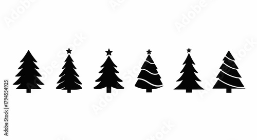 Set of six stylized Christmas trees, rendered in silhouette against a white background, perfect for festive decorations and winter themes