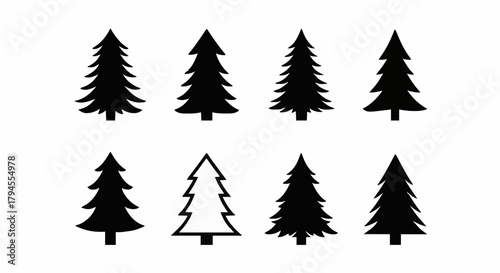 Collection of simple evergreen tree silhouettes, minimalist fir and pine tree icons for winter and Christmas holiday design