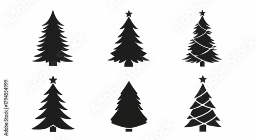 Set of six silhouette Christmas trees on a white background, ideal for festive designs and holiday decor