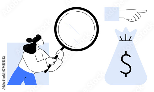 Woman holding magnifying glass examining dollar bag and pointing hand concept Ideal for, financial analysis business strategy investment research decision making auditing economy and investigation
