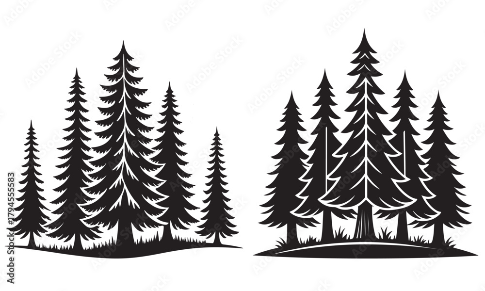 Fototapeta premium Stylized evergreen forest trees silhouette design on white background. 
