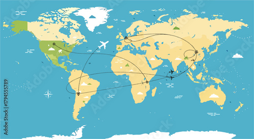 Blue world map illustration on a simple blue background