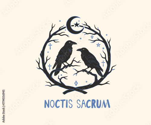 Occult Raven Badge Design.Vintage Gothic Crow Emblem.Sacred Night Illustration.Witchcraft Vector Art.Celestial Bird Logo Print
