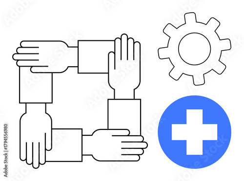 Four hands forming a square symbolizing unity and support, alongside a gear suggesting efficiency, and a blue medical cross for health. Ideal for themes of teamwork, healthcare, collaboration