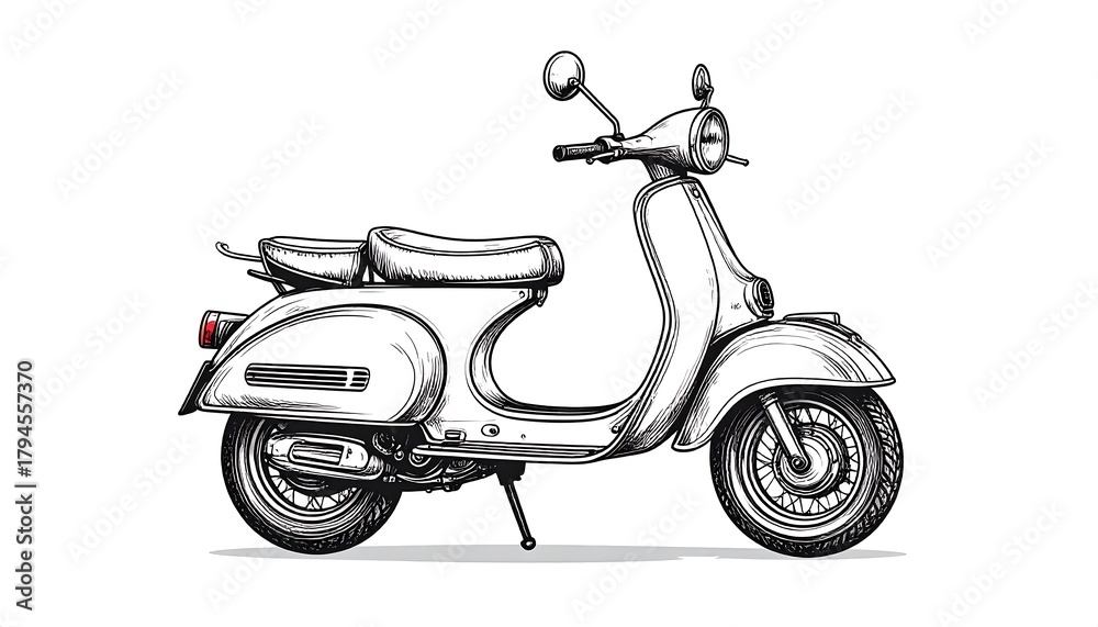 Fototapeta premium Sketched vintage scooter, side view, in black and white with detailed shading on a white background