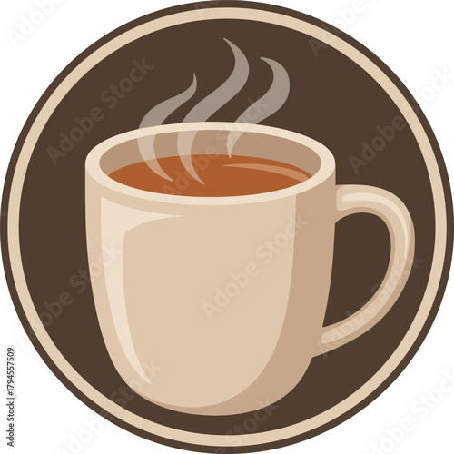 Steaming hot beverage vector in a cream-colored ceramic mug, isolated within a dark circular frame.