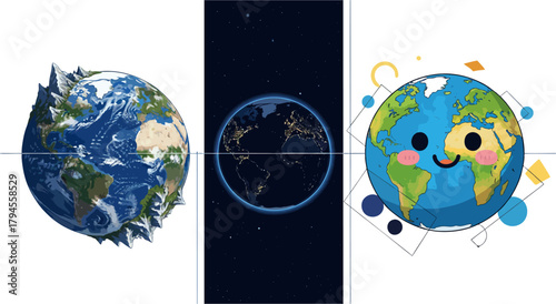World map and globe illustration with flags and planet elements