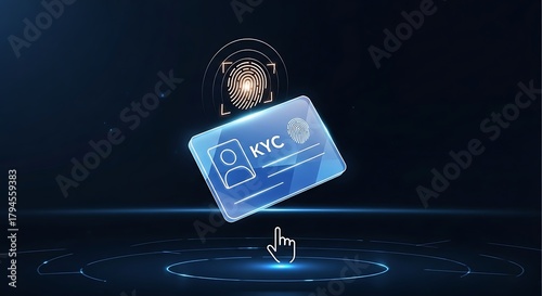 Streamlined KYC verification process with secure fingerprint scan for customer identification and seamless digital banking experience in futuristic design