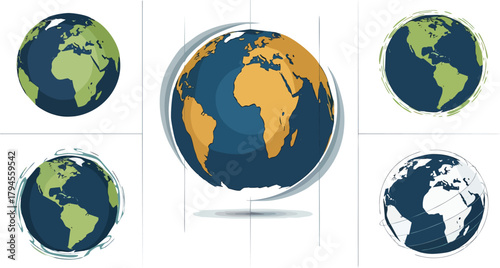 World map and earth globe set illustration