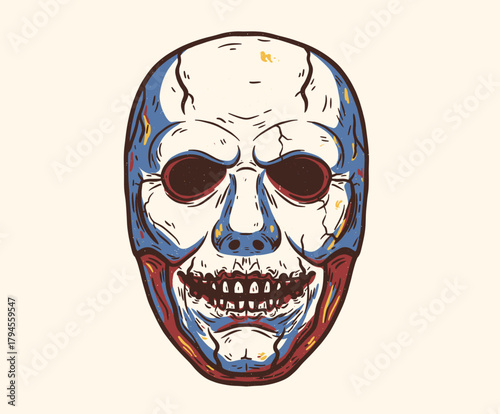 Grinning Horror Mask Vector.Distressed Skull Face Art.Retro Scary Mask Graphic.Creepy Halloween Illustration.Vintage Thriller Head Design