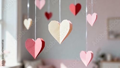 Paper hearts hanging on strings in soft daylight, minimal holiday decoration with pink, red, and beige tones. Romantic handmade craft for Valentine’s Day, love theme or wedding design concept.