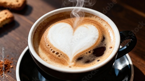 Cup of hot coffee with heart-shaped foam art on wooden table. Steaming cappuccino symbolizing love, warmth, and comfort. Perfect for Valentine’s Day, café menu, or romantic morning scenes.